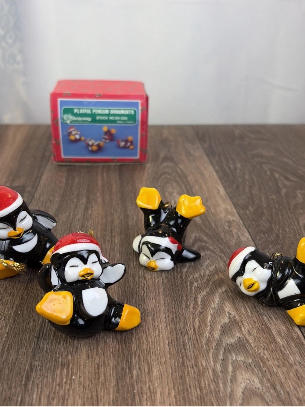 4 Playful Penguin Ceramic Ornaments Christmas Around the World Box Taiwan
